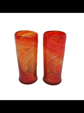Handblown Swirl Glass Vases - Orange Red Pair